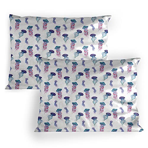Lunarable Jellyfish Pillow Sham Set of 2, Group of Colorful Jellyfish Illustration with Painting Effect Summer Seaside Art, Quality Microfiber Bedding Item for All Seasons, 36