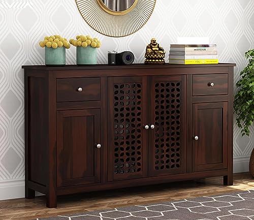 Image of SHIKHA WOOD CRAFT Solid Sheesham Wood Sideboard Cabinet with 2 Drawers and 4-Doors | Multipurpose Wooden Storage Organizer Furniture for Living Room, Crockery, Bedroom and Kitchen (Walnut Finish)