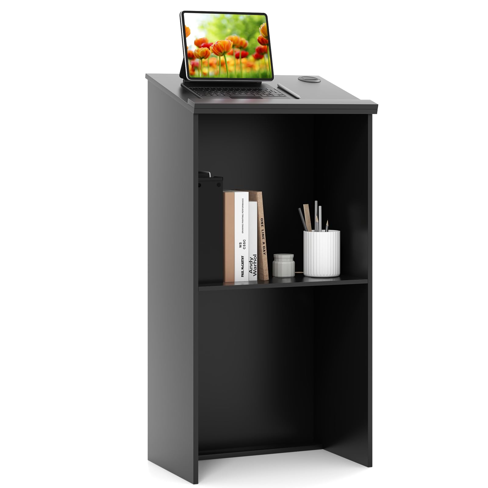 CASART Lectern Podium Stand, 117cm Hostess Stand Floor Standing Lectern with Tilting Desktop & Edge Stopper, Wooden Presentation Stand for Classroom Office Church Concert (Black)