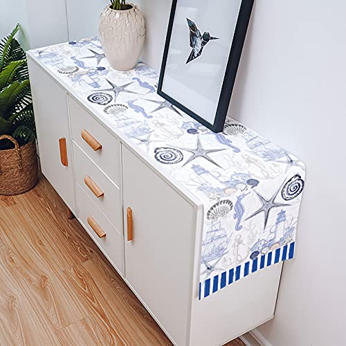 Linen Burlap Dining Table Runner Dresser Scarves Seashells Starfish Lighthouse Seahorse Ocean Coastal Vintage Blue Texture Table Runners for Family, Farm, Party, Table Decor- - Image 5