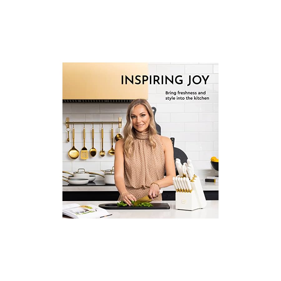 Gold Knife Set with Block Self-Sharpening – 14-Piece Titanium Coated Gold and Off-White Kitchen Knives with White Block and Built-In Sharpener – Stylish Luxury Kitchen Accessories and Decor