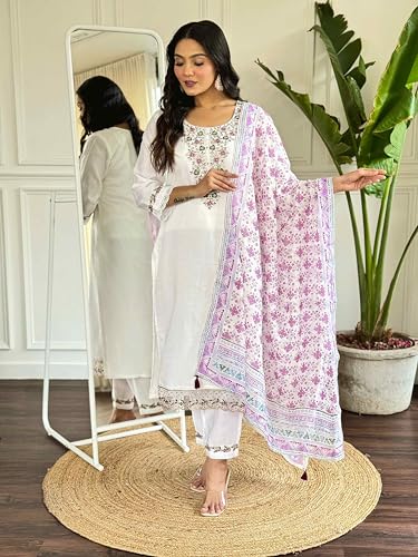 Image of Shiv Textiles Women's Chanderi Silk Embroidered Kurta Pant Dupatta Set(JDA-FALGUNI-WHITE-2XL)