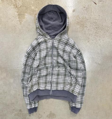 Y2k Grunge Plaid Zip Up Hoodie Men Streetwear Jacket Oversized 2000s Graphic Hoodie Fall Baggy Rapper Sweatshirts (Grey plaid,S)4