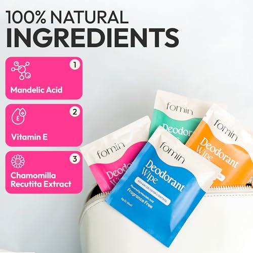 Image of FOMIN Acidified Deodorant Wipes for Women & Men - 50 Count | Patchouli Blossom - pH Balanced Mini Deodorant Wipes, Travel Size - Plastic-Free & Individually Wrapped Body Wipes