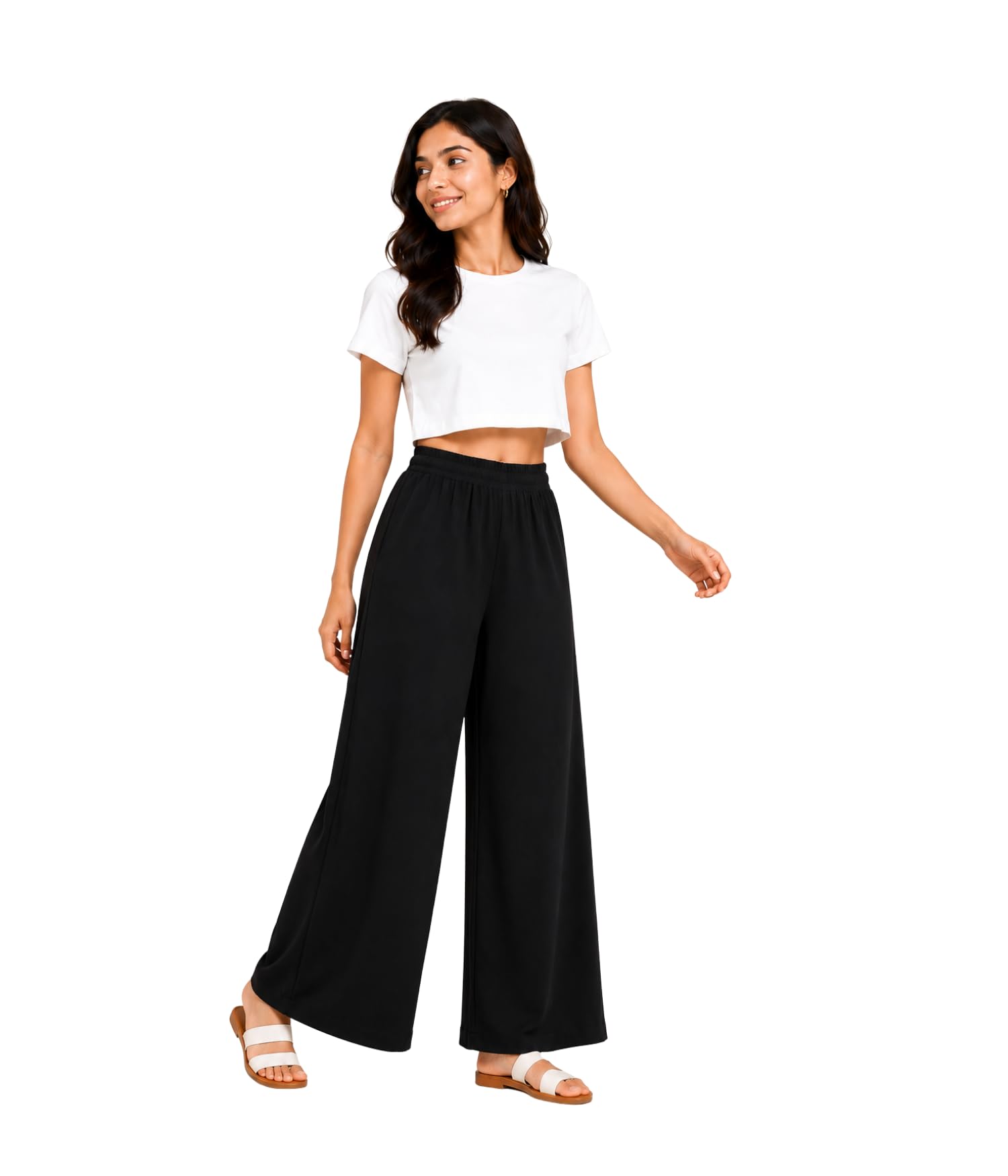 Women's Wide Leg Palazzo Pants | Premium Crepe Fabric | High Rise Elastic Waist | Relaxed Fit | Soft, Breathable & Comfortable | Full Length | Casual, Office, Travel-picture-12