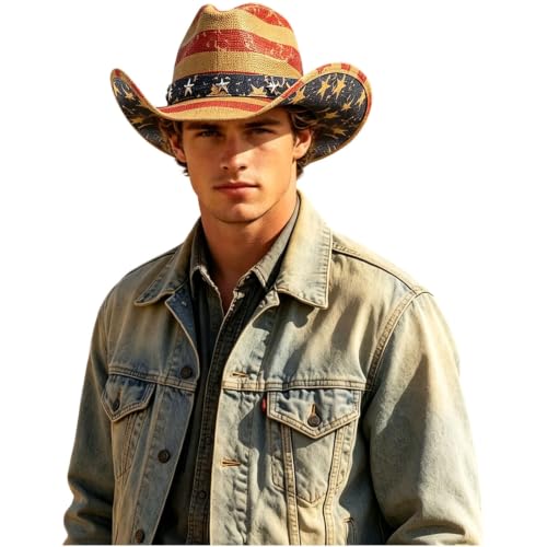 Chapeau de cowboy pour homme et femme en paille respirante à large bord imprimé étoiles