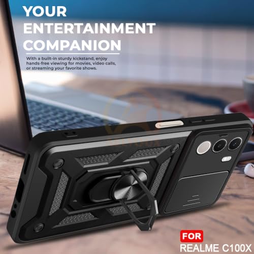 Image of Armor Bumper Back Cover Case for Realme C100X Rotating Camera Cover, Ring Holder & Kickstand | Heavy Duty & 360 Degree Protection Back Cover for Realme C100X (Black)