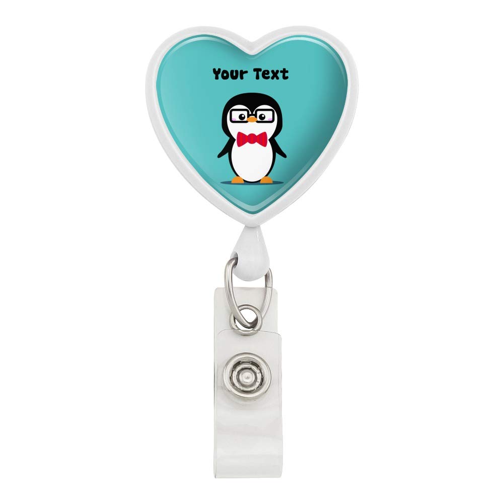 Personalized Custom 1 Line Cute Nerdy Penguin with Glasses Heart Lanyard Retractable Reel Badge ID Card Holder