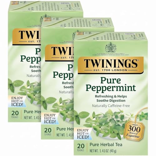 Twinings Pure Peppermint Herbal Tea Individually Wrapped Bags, Fresh Minty Flavour, Naturally Caffeine-Free, Enjoy Hot or Iced, 20 Count (Pack of 3)