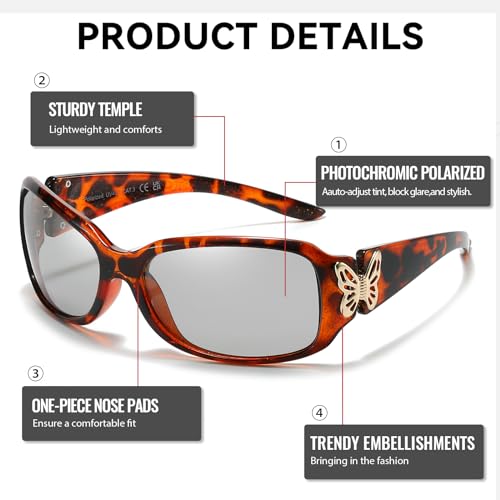 SIPHEW Photochromic Polarized Sunglasses for Women, Trendy Shades Butterfly Decors UV400 Protection for Driving Outdoors3