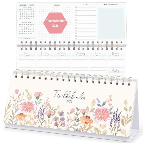 KONVINIT Tischkalender 2026 Quer Kalender Tisch Blumen Wochenkalender/Tischplaner 1 Woche 2 Seiten Stehkalender für Schule Büro Zuhause Schreibtischkalender zum Aufstellen