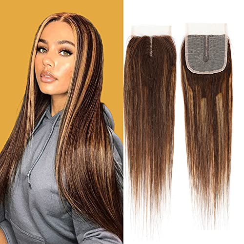 Agnes Ombre Human Hair 4X4 Machine Made Lace Front Closure For Black Women Middle Part 130 Density Straight Wave Two Tone Lace Closure Light Brown Mixed Blonde Sew In Hair Weave 22 Inch (RDL427C22)