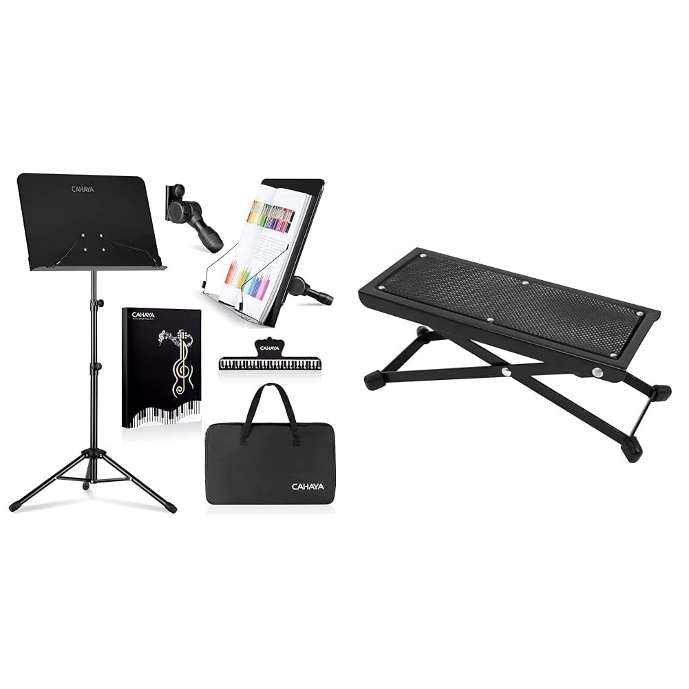 CAHAYA Pupitre de Partitions Pliable Portable 80-145cm Support Métallique de Partitions & CASCHA Repose-Pieds de Guitare réglable en 4 hauteurs, Tabouret Pliable, Repose-Pieds