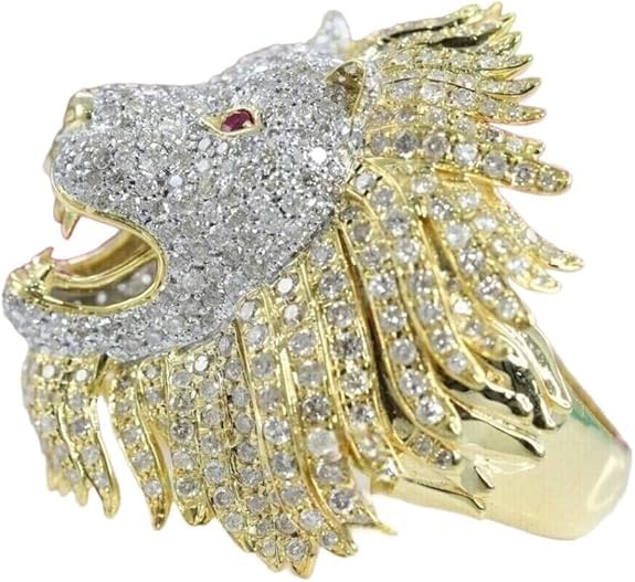 SANTOSH-ENTERPRISES 3 Ct Round Cut Diamond Lion Ring Iced out ring Diamond Lion Leo ring Hip Hop Diamond Ring Lion Head Roaring Animal Ring14K Yellow Gold Plated Silver Custom Gift Jewelry For All
