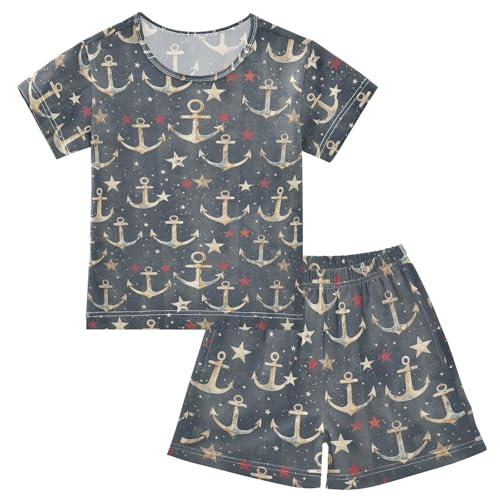 ALAZA Retro Anchor Stars Pajama Set Short Sleeve Sleepwear Soft Lounge Nightwear