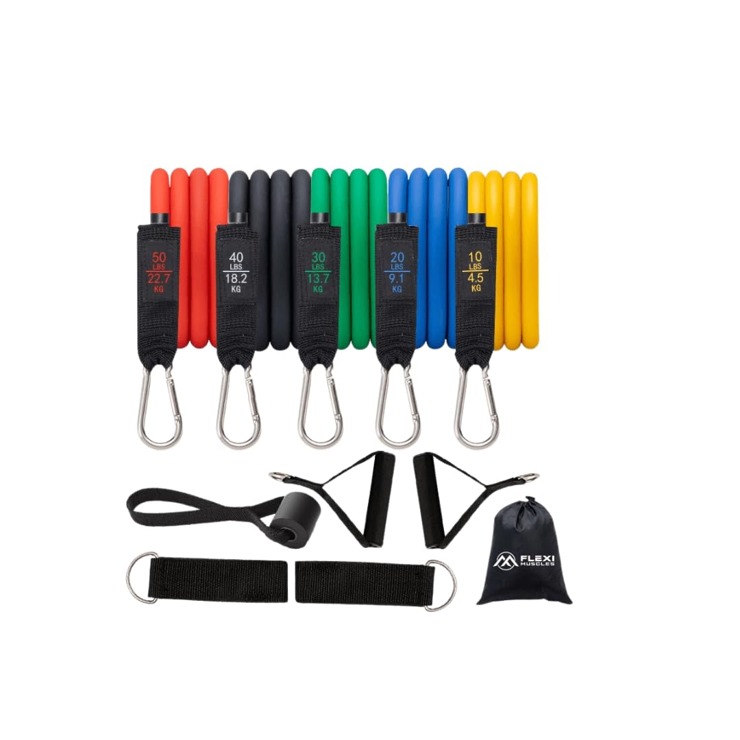 FLEXI MUSCLES Resistance Bands Sets – Exercise Bands with Handles, Door Anchor, 2 Ankle Straps for Resistance Tubes. Ideal for Home Workouts, Physical Therapy and Yoga and Pilates.