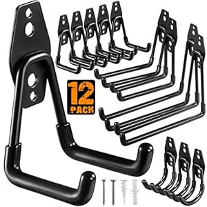 12 Pack Garage Hooks Heavy Duty,Utility Steel Garage Storage Hooks,Wall Mount Garage Hanger&Organizer for Organizing Power Tools,Ladders,Bulk Items,Bikes,Ropes and More Equipment