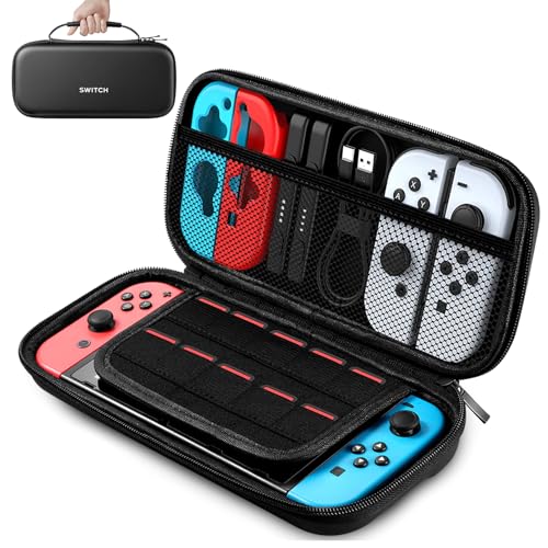 Preisvergleich Produktbild Vivideox Tasche Kompatibel mit Nintendo Switch / Switch OLED Modell, Tragbare Hartschalentasche Switch Tragetasche Hülle, Schützende Switch Reisetasche mit 10 Spielefächern für Switch Zubehör, Schwarz