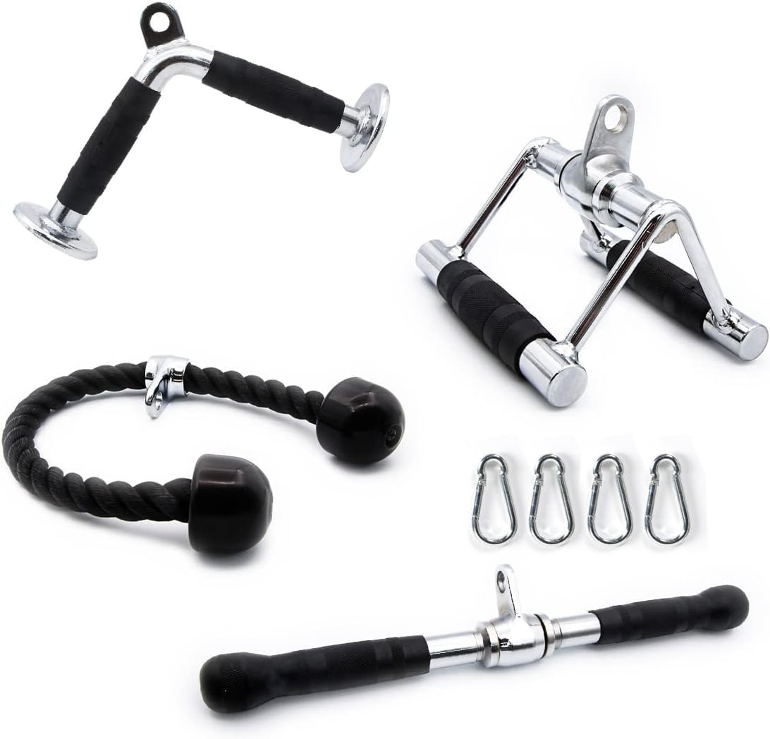 RitFit Set di 4 accessori per macchina con cavi, LAT Pulldown | Include barra a V, corda per tricipiti, impugnatura a doppia D, barra per tricipiti per fitness a casa e palestra