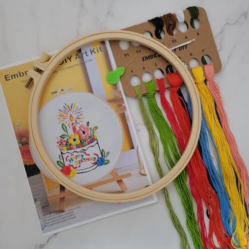 Image of Esffaci Embroidery Starter Kit for Adult Beginner with Birthday Cake Flowers Pattern Hand Embroidery Set with Cloth Hoop Needle Threader Floss and Instruction