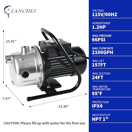 Image of LANCHEZ 1.2 HP Shallow Well Pump, 2100 GPH Stainless Steel Garden Irrigation Pump, 115V Water Transfer Pump, Water Booster Jet Pump for Home Garden Lawn Farm, Black silver