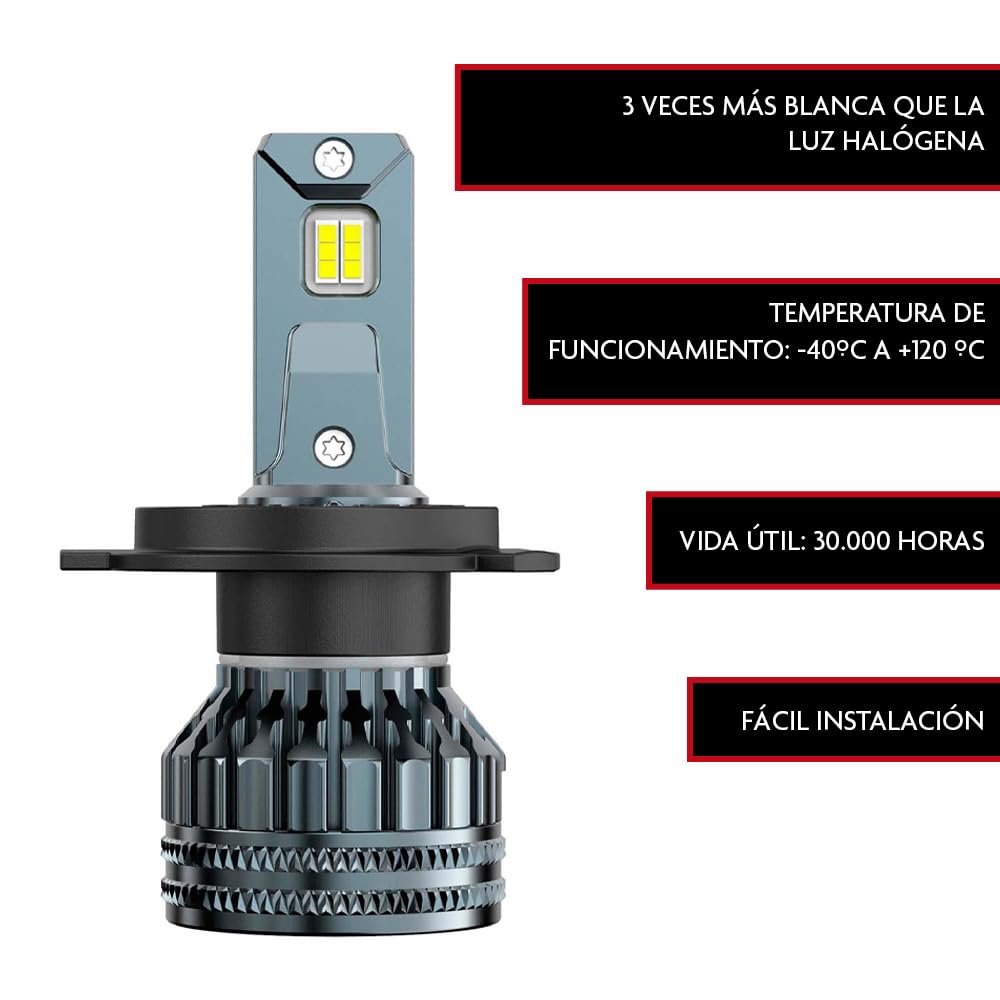 KRAWEHL - Estuche 2 Bombillas de Faro LED Halógenas H-4 - Luz Brillante y Blanca - 12/24 V - 100% Homologada - Bombilla para Coche, Moto y Camión - Luces de Carretera, Cruce, Antiniebla o Diurna