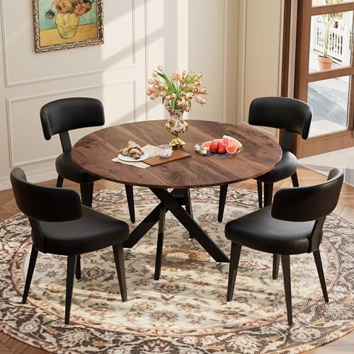 Image of Wood Dining Table Set for 4, 47 inch Round Kitchen Table with 4 Faux Leather Dining Chairs, MDF Tabletop with Metal Legs, Ergonomic Dining Chair with Metal Legs(Woodgrain Table with Black Chairs)