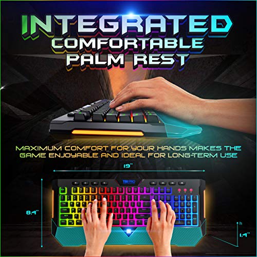 [Upgraded 2020] Gaming Membrane Keyboard with Mechanical Feel Clicks, LED RGB Backlight 104 Keys + 8 Multimedia & Ergonomic Stand - Anti-Ghosting, Palm Rest - for PC/MAC/Computer/Desktop Pro Gamers - Thumbnail 7