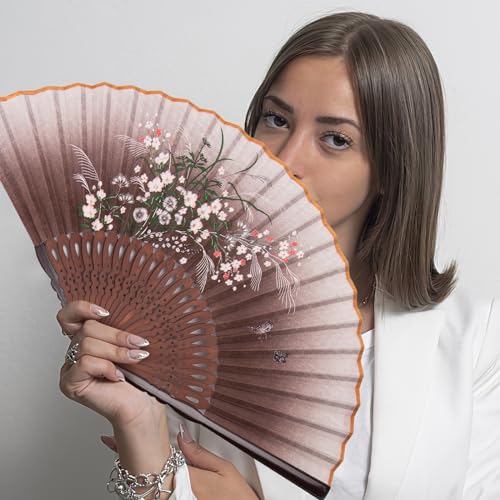 Johouse HJOH0497 Hand Fan For Women, Fabric Fan Handheld Brown Vintage Chinese Japanese Style Fan thumb #5
