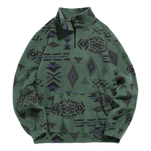 Image of ZAFUL Men 1 /4 Zipper Ethnic Aztec Fleece Unisex Winter Sweatshirt Tops 2026 | Funnel Neck Fluffy Polar Fleece Faux Sherpa Soft Thermal Pullover Kangaroo Pocket Jacket Hoodie Tops