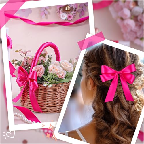 Image of woric Hot Pink Ribbon 1 Inch 50 Yards Pink Satin Ribbon for Wedding Decor Graduation Leis Hair Bows Crafts Baby Girl Shower Gift Wrapping Flower Bouquet Holiday Decorations