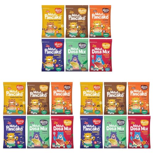 Image of Slurrp Farm Healthy Breakfast and Snacks Trial Pack Combo, Millet Pancake and Dosa Mix, 300g (Pack of 18, 50g each)