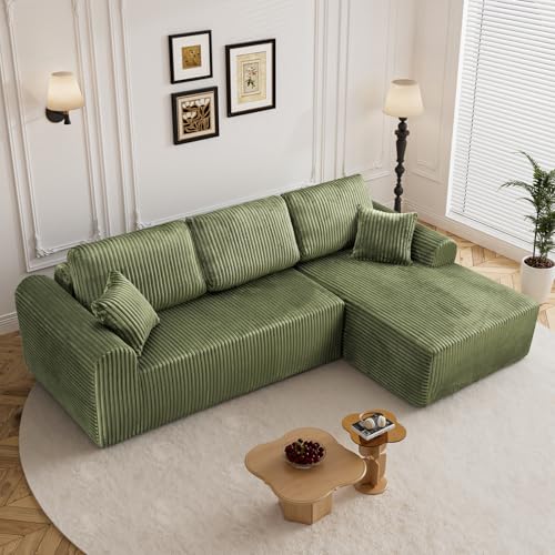 Image of 110 inch L Shaped Boneless Sectional Couches for Living Room, Comfy Corduroy Floor Cloud Sofa with Chaise, Wide Armrest, Deep Seat, Memory Foam, Assembly Free, Ideal for Small Spaces, Green