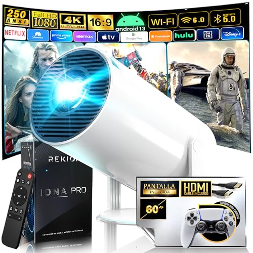 REKION® [Apps INTEGRADAS] Super Pack Mundial Proyector Portatil HY.300 4K + Pantalla 60 Pulgadas | HDMI Incluido + 1080P Full HD 250 ANSI 9000 Lúmenes | WiFi 6 Bluetooth 5.0 | Android 13 | 180°