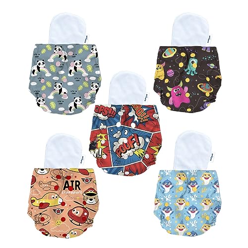 Image of Bumtum Baby Diaper | 0-3 Yrs Baby Freesize | Pack of 5, New Born Baby Diaper, Cloth Diaper, Waterproof Reusable Diaper, Washable, Cotton, Extra Soft (Space, Baby Shark, Air, Panda & Poof)