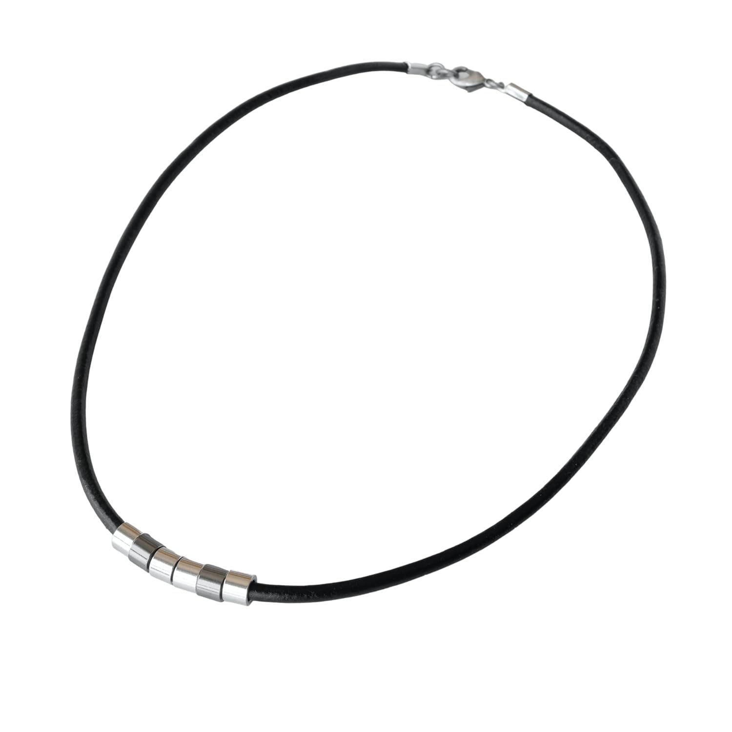 Men's Boho Choker Necklace, Short Black Leather & Silver Plated Tube Beads Necklace