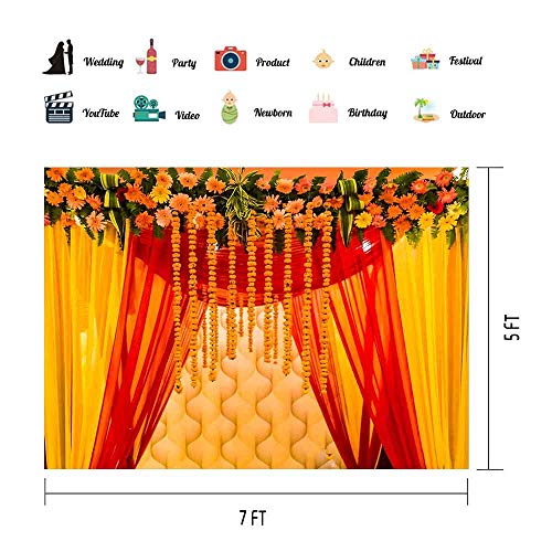Image of EOA 7(W) x5(H) FT Orange Marigold India Wedding Photography Backdrop Marriage Red Curtain Background Ceremony Wall Decor Photo Booth Studio Props