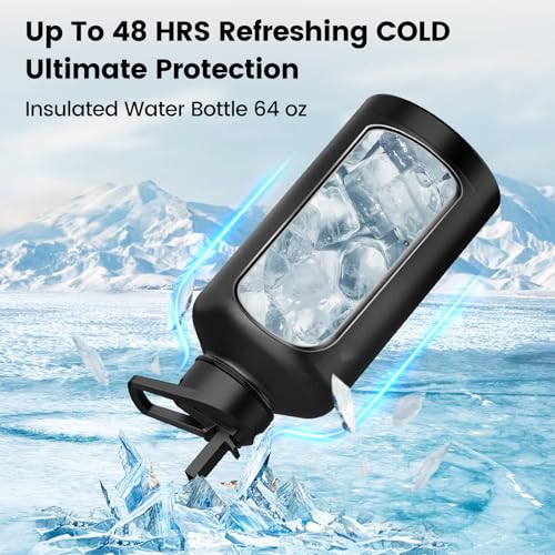 OSIUB Insulated Water Bottle 64 oz, Triple Wall Vacuum Stainless Steel(Cold for 48 Hrs),Leak Proof & BPA-Free,Half Gallon Water Bottle with Reflective Paracord & Flip Straw for Sports & Travel, Black