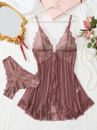 Image of Foxiny Sexy Open Front V Neck Ruffle Sheer Mesh Lace Wireless Babydoll Lingerie Dress with Thong 2 Piece