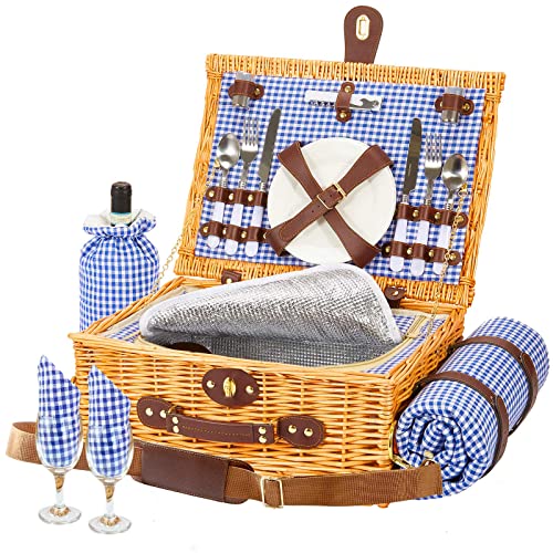 Greenstell Wicker Picnic Basket Sets for 2 Persons with High Sealing Insulation Layer,Waterproof Picnic Mat, Removable Strap and Wine Bag, Tableware, Picnic Basket for Family,Party,Outdoor,Camping