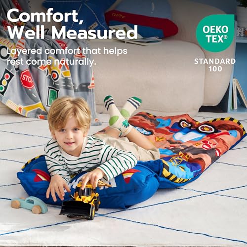 Image of JOIEDOMI Toddler Sleeping Bag for Kids 55''x30'' Nap Mat with Removable Pillow and Minky Blanket for Toddler Ages 3-7 Roll Up Soft Kids Sleeping Bag for Boys Girls Kindergarten Daycare Sleepover