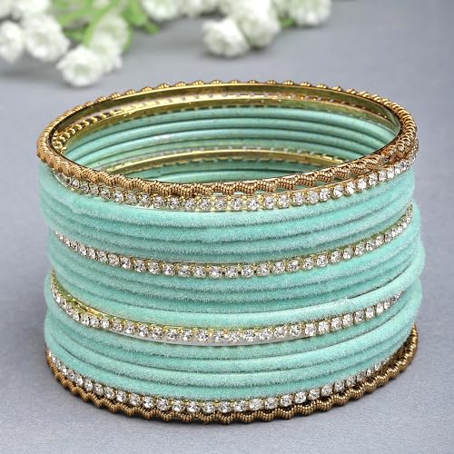 Image of ZENEME Gold-Plated Matte Finish Velvet White American Diamonds Studded Bangles Set Of 18 For Girls and Women