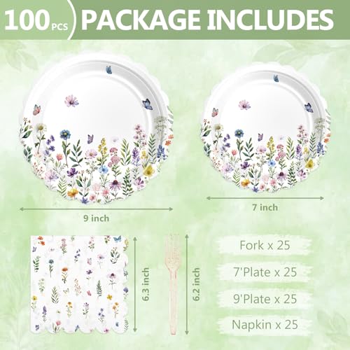 Image of 100 Pcs Wildflower Paper Plates and Napkins Disposable Set for Party