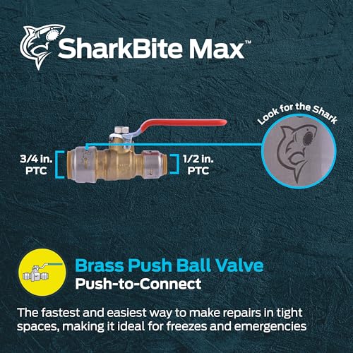Image of SharkBite Max 3 /4 x 1 /2 in PTC Reducing Ball Valve, Push-to-Connect Brass Water Shut-Off Plumbing Fitting, UR22973