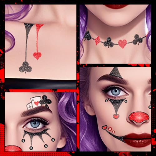 Halloween Clown Face Makeup Temporary Tattoos+Black Red Faces Gems - image 5