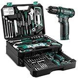 Tool Set: Tool Kit with 12V Cordless Drill, Hand Toolbox with storage case, Mechanic Tool set for Home Repairs, Green