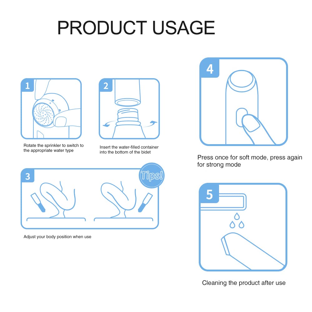 Bidet da viaggio portatile, spruzzatore portatile ricaricabile con bottiglia da 400 ml, 4 modalità di pulizia, impermeabile IPX7, senza BPA, detergente personale igienico