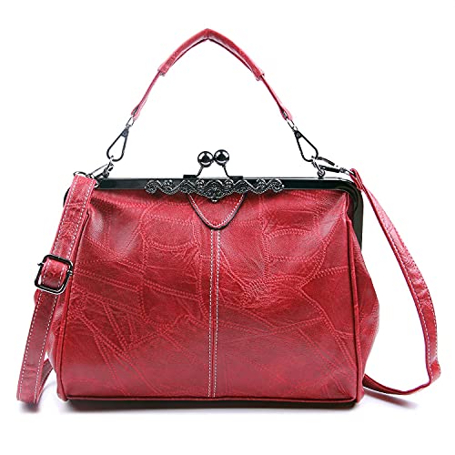 LUI SUI Frauen Retro Handtasche, PU Leder Geldbörse Vintage Top Griff Tasche Kiss Lock Crossbody Umhängetasche für Damen