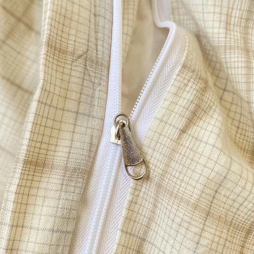 Image of PinkMemory Beige Gingham Duvet Cover Bedding Queen 100% Washed Cotton Vintage Plaid Duvet Cover Set Full 3pcs Checkered Grid Bedding Set with Zipper Closure Corner Ties,Soft Breathable