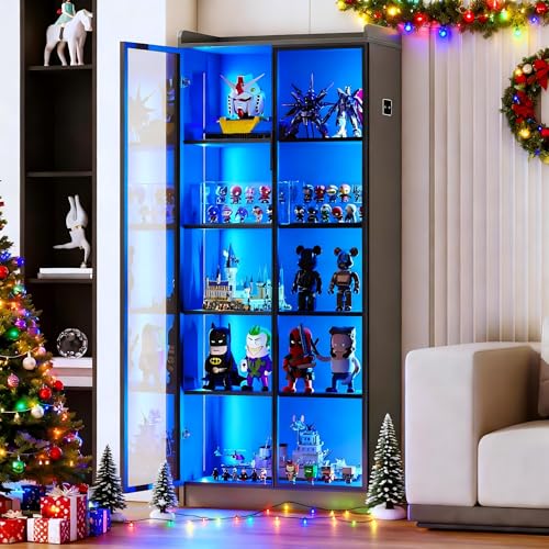 Gurexl 165 Cm Vitrine sur Pied avec Capteur de Corps Humain,Armoire de Collection en Debout lumières avec Porte en Acrylique et 5 Compartiments,Moderne Bibliotheque avec LED,pour Salon,Bureau,Gris